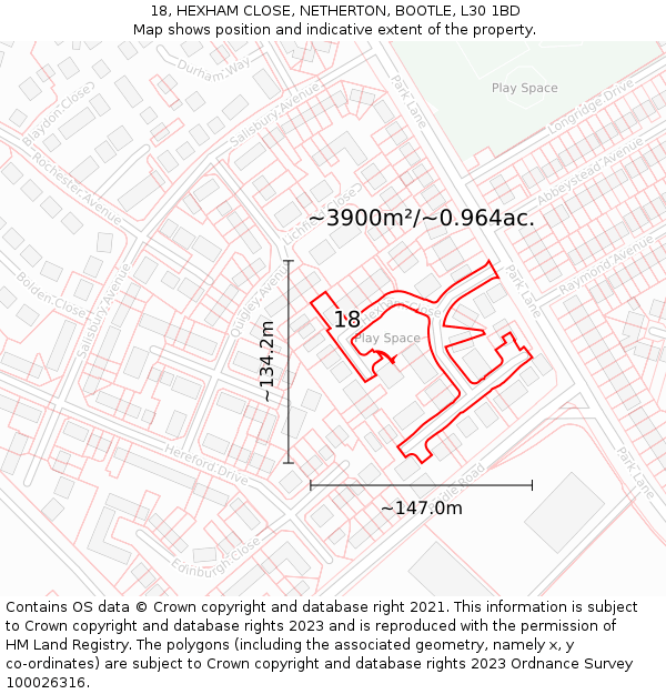 18, HEXHAM CLOSE, NETHERTON, BOOTLE, L30 1BD: Plot and title map
