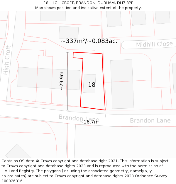 18, HIGH CROFT, BRANDON, DURHAM, DH7 8PP: Plot and title map
