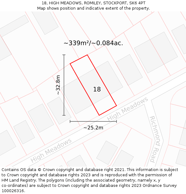 18, HIGH MEADOWS, ROMILEY, STOCKPORT, SK6 4PT: Plot and title map