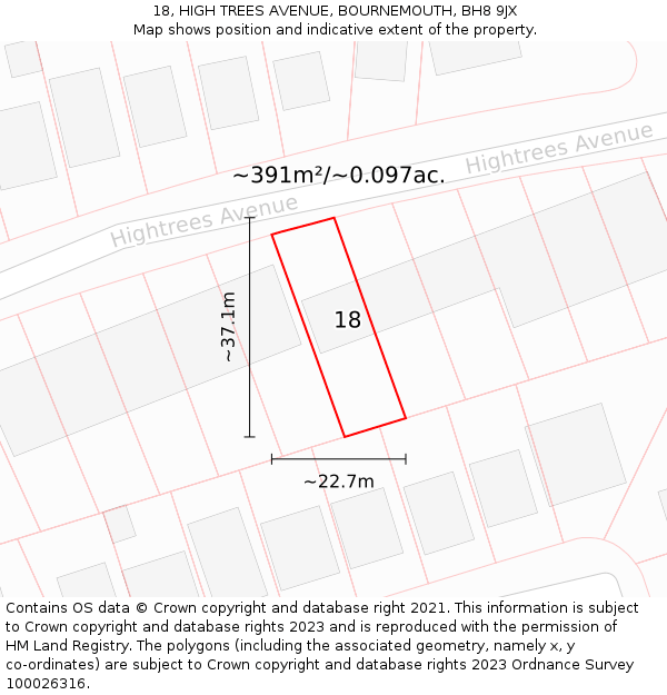 18, HIGH TREES AVENUE, BOURNEMOUTH, BH8 9JX: Plot and title map