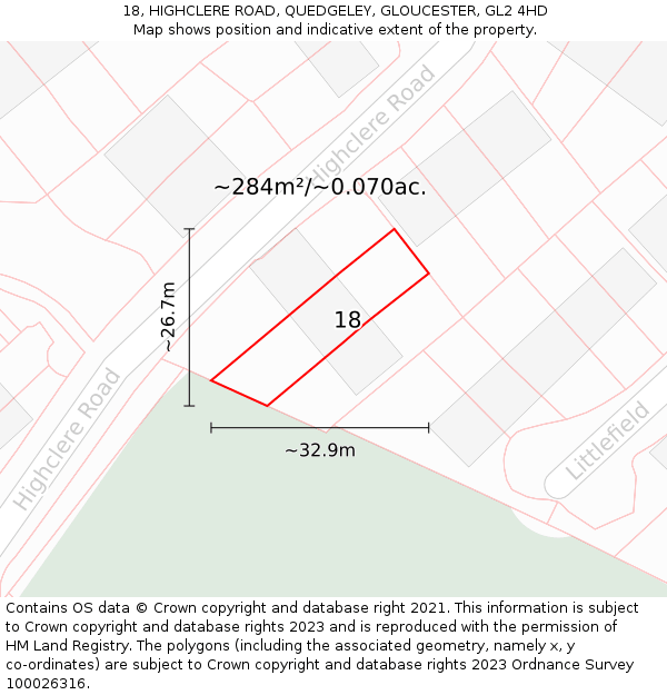 18, HIGHCLERE ROAD, QUEDGELEY, GLOUCESTER, GL2 4HD: Plot and title map