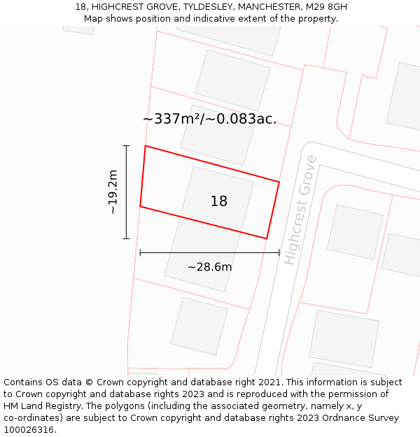 18, HIGHCREST GROVE, TYLDESLEY, MANCHESTER, M29 8GH: Plot and title map