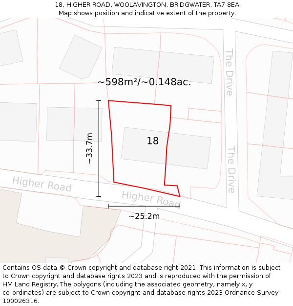 18, HIGHER ROAD, WOOLAVINGTON, BRIDGWATER, TA7 8EA: Plot and title map