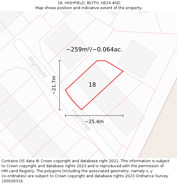 18, HIGHFIELD, BLYTH, NE24 4ND: Plot and title map