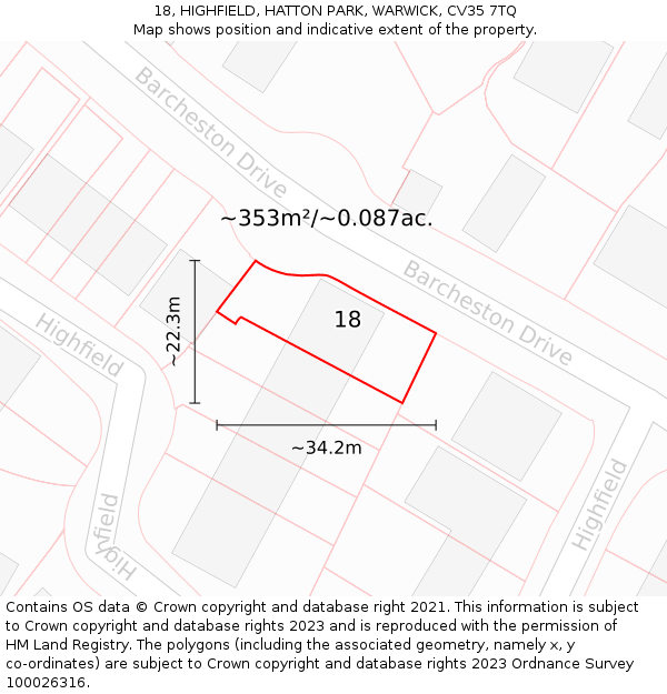 18, HIGHFIELD, HATTON PARK, WARWICK, CV35 7TQ: Plot and title map