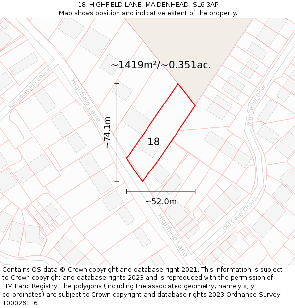 18, HIGHFIELD LANE, MAIDENHEAD, SL6 3AP: Plot and title map