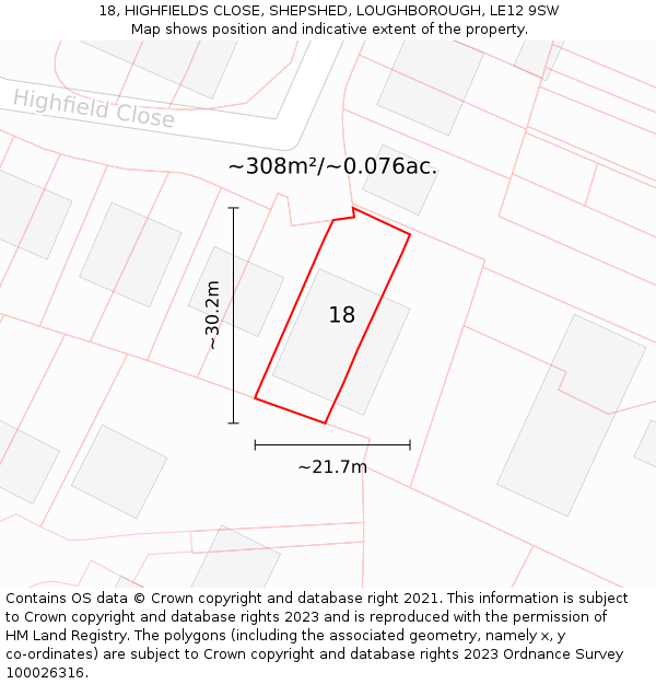 18, HIGHFIELDS CLOSE, SHEPSHED, LOUGHBOROUGH, LE12 9SW: Plot and title map