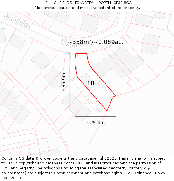 18, HIGHFIELDS, TONYREFAIL, PORTH, CF39 8GA: Plot and title map