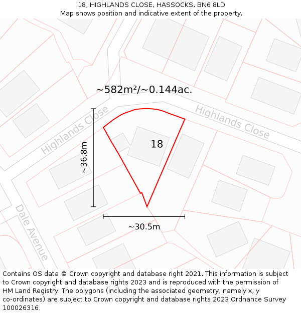 18, HIGHLANDS CLOSE, HASSOCKS, BN6 8LD: Plot and title map