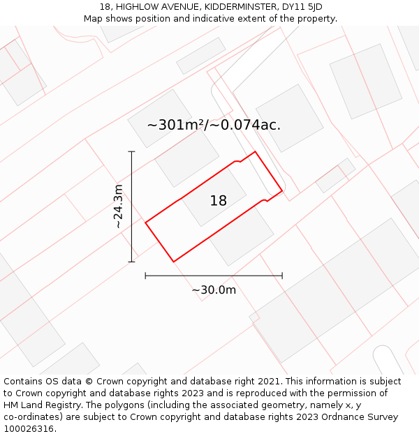 18, HIGHLOW AVENUE, KIDDERMINSTER, DY11 5JD: Plot and title map