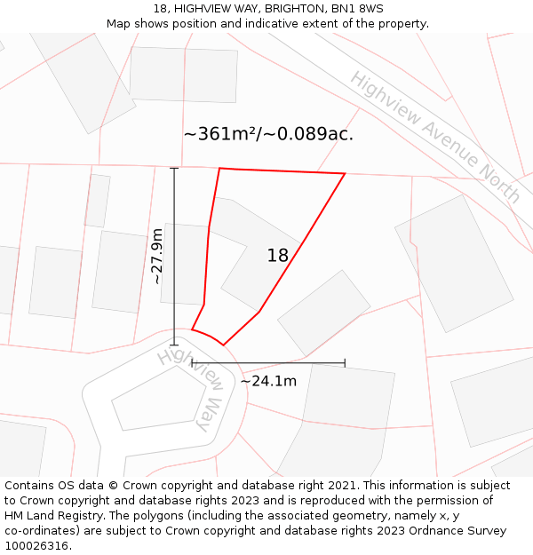 18, HIGHVIEW WAY, BRIGHTON, BN1 8WS: Plot and title map