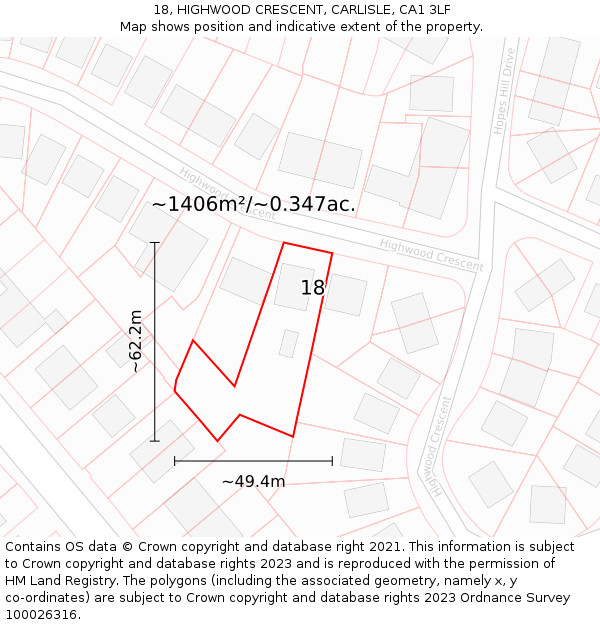 18, HIGHWOOD CRESCENT, CARLISLE, CA1 3LF: Plot and title map