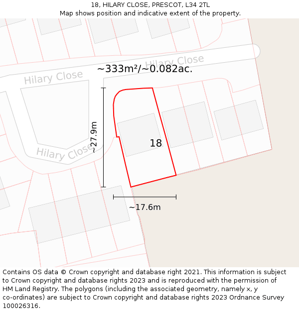 18, HILARY CLOSE, PRESCOT, L34 2TL: Plot and title map