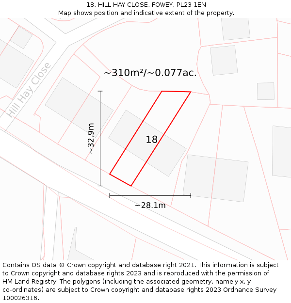 18, HILL HAY CLOSE, FOWEY, PL23 1EN: Plot and title map
