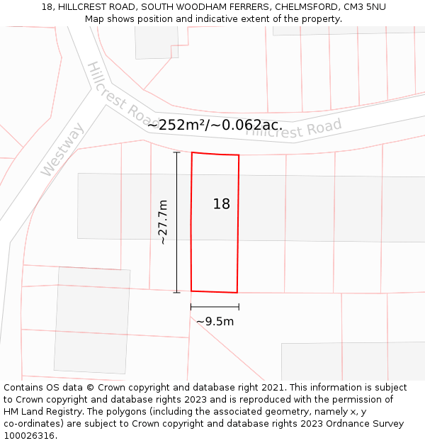 18, HILLCREST ROAD, SOUTH WOODHAM FERRERS, CHELMSFORD, CM3 5NU: Plot and title map