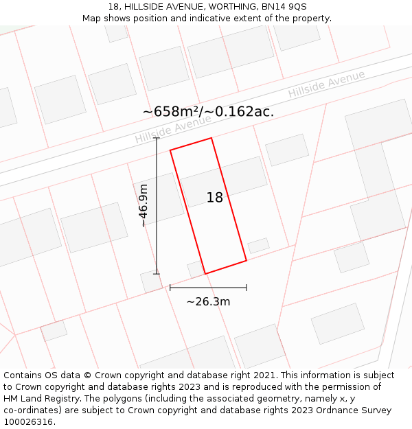 18, HILLSIDE AVENUE, WORTHING, BN14 9QS: Plot and title map