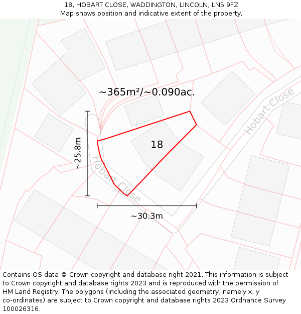 18, HOBART CLOSE, WADDINGTON, LINCOLN, LN5 9FZ: Plot and title map