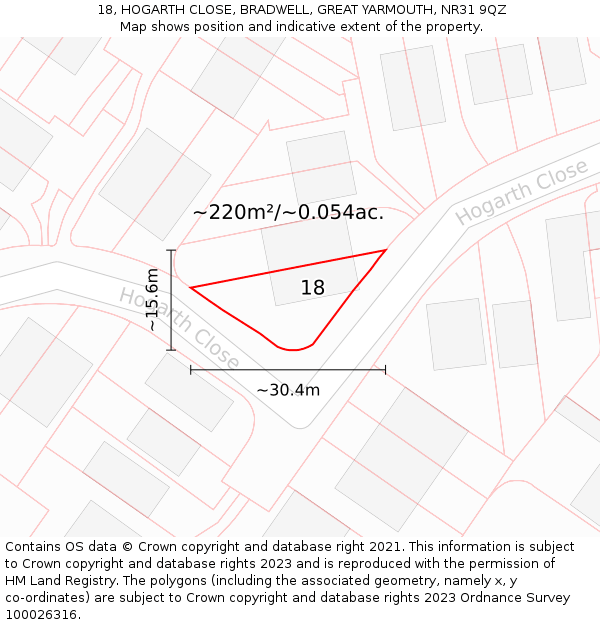 18, HOGARTH CLOSE, BRADWELL, GREAT YARMOUTH, NR31 9QZ: Plot and title map