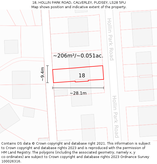 18, HOLLIN PARK ROAD, CALVERLEY, PUDSEY, LS28 5PU: Plot and title map