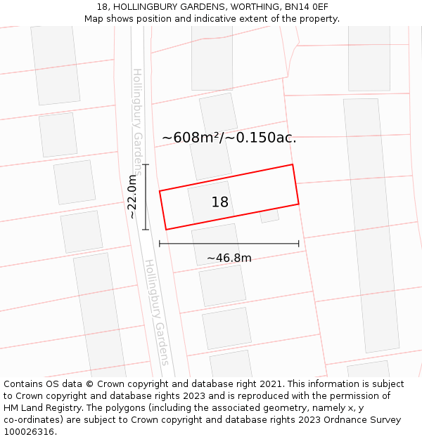 18, HOLLINGBURY GARDENS, WORTHING, BN14 0EF: Plot and title map