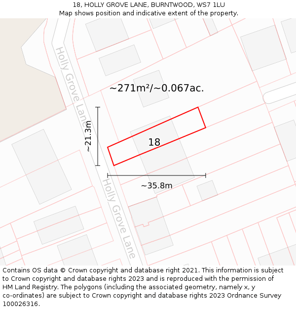 18, HOLLY GROVE LANE, BURNTWOOD, WS7 1LU: Plot and title map
