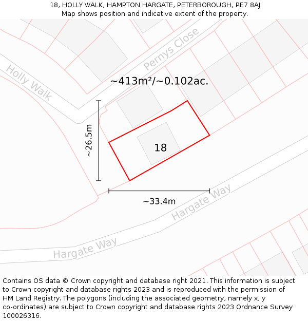 18, HOLLY WALK, HAMPTON HARGATE, PETERBOROUGH, PE7 8AJ: Plot and title map