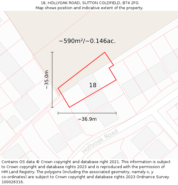 18, HOLLYOAK ROAD, SUTTON COLDFIELD, B74 2FG: Plot and title map
