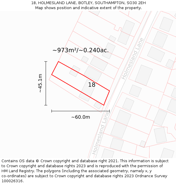 18, HOLMESLAND LANE, BOTLEY, SOUTHAMPTON, SO30 2EH: Plot and title map