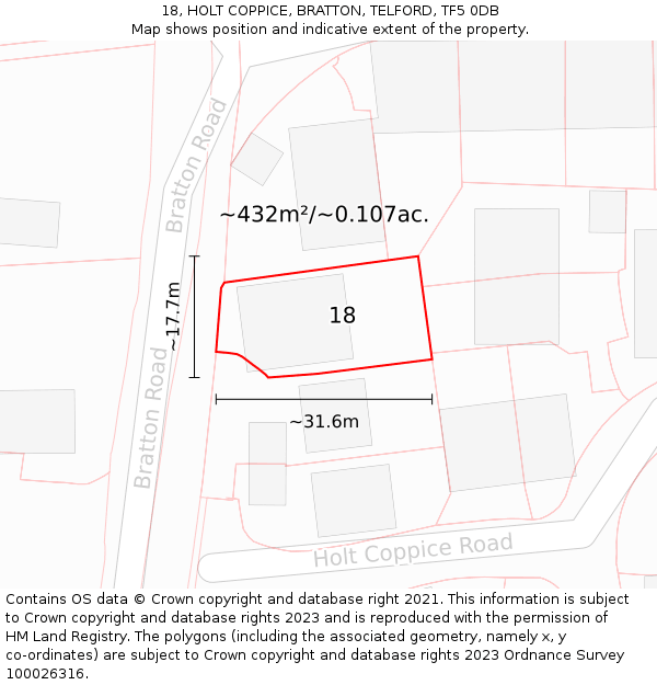 18, HOLT COPPICE, BRATTON, TELFORD, TF5 0DB: Plot and title map
