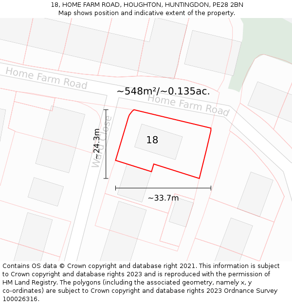 18, HOME FARM ROAD, HOUGHTON, HUNTINGDON, PE28 2BN: Plot and title map