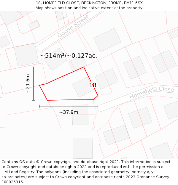 18, HOMEFIELD CLOSE, BECKINGTON, FROME, BA11 6SX: Plot and title map