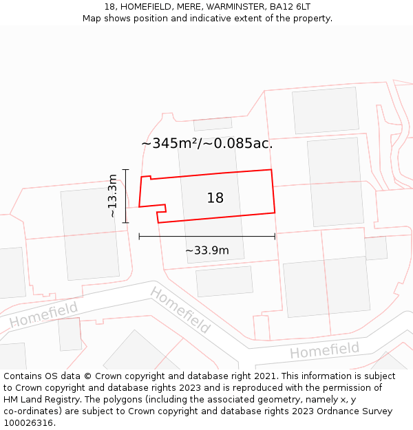 18, HOMEFIELD, MERE, WARMINSTER, BA12 6LT: Plot and title map