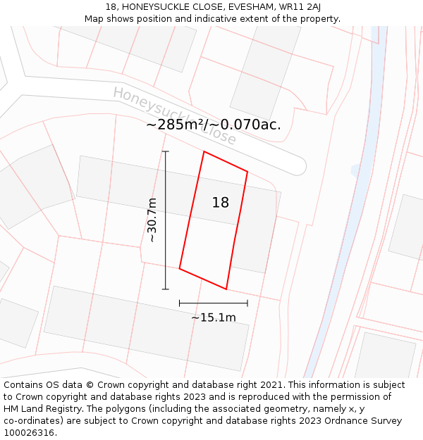 18, HONEYSUCKLE CLOSE, EVESHAM, WR11 2AJ: Plot and title map