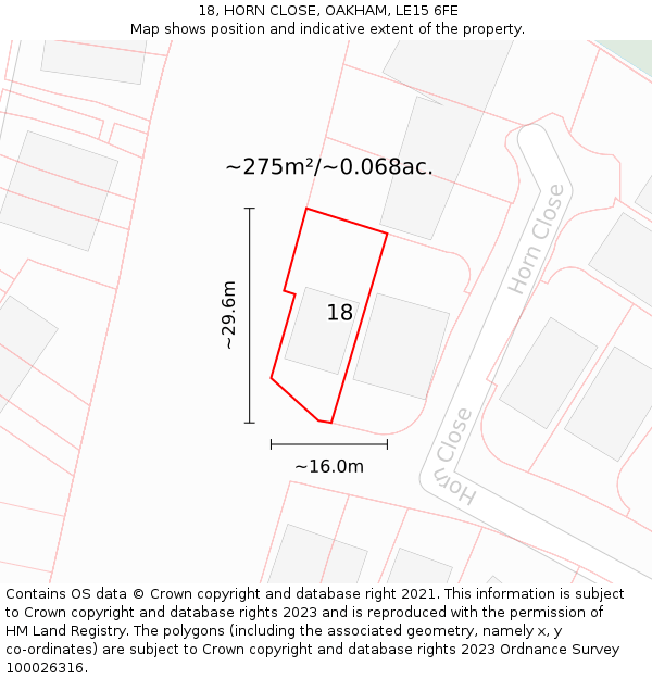 18, HORN CLOSE, OAKHAM, LE15 6FE: Plot and title map