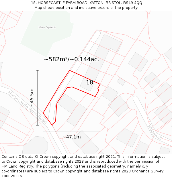 18, HORSECASTLE FARM ROAD, YATTON, BRISTOL, BS49 4QQ: Plot and title map