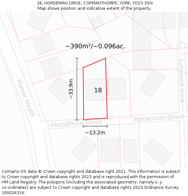 18, HORSEMAN DRIVE, COPMANTHORPE, YORK, YO23 3SN: Plot and title map