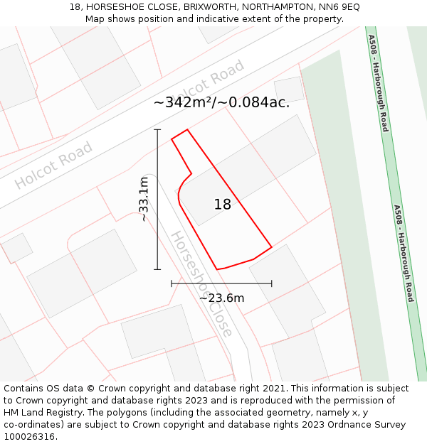 18, HORSESHOE CLOSE, BRIXWORTH, NORTHAMPTON, NN6 9EQ: Plot and title map