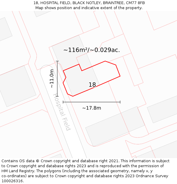 18, HOSPITAL FIELD, BLACK NOTLEY, BRAINTREE, CM77 8FB: Plot and title map