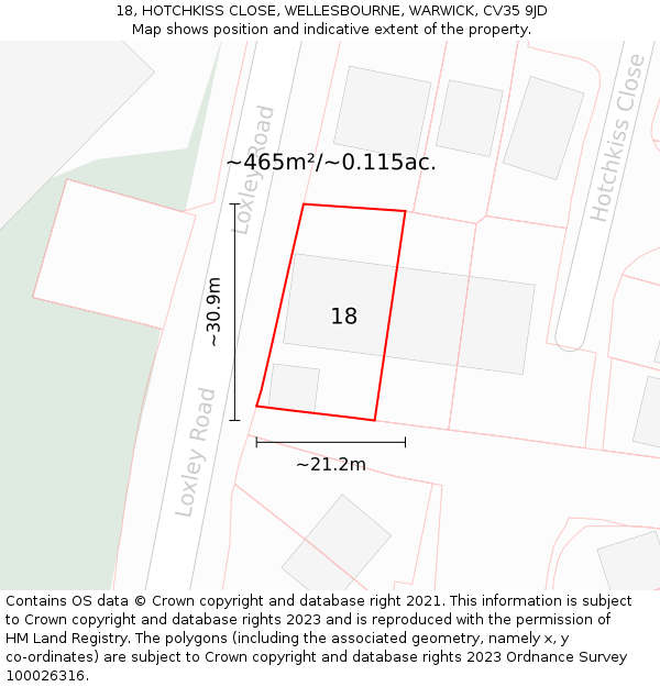 18, HOTCHKISS CLOSE, WELLESBOURNE, WARWICK, CV35 9JD: Plot and title map