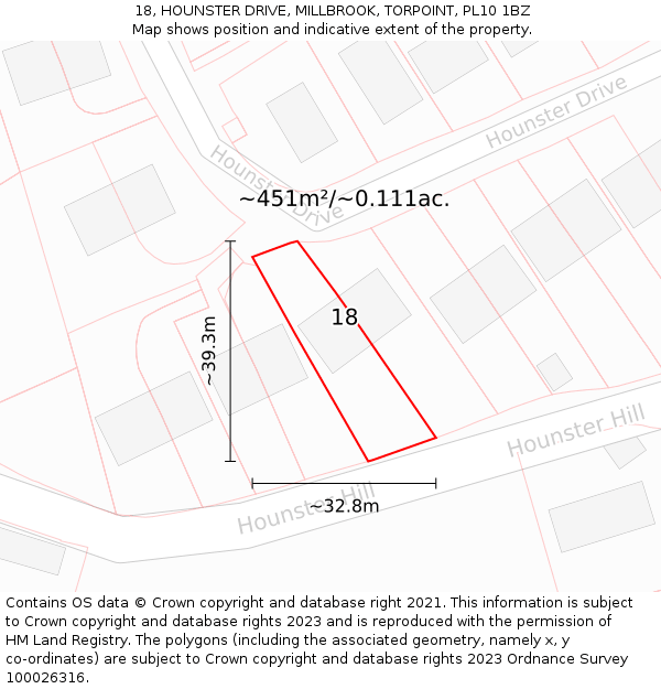 18, HOUNSTER DRIVE, MILLBROOK, TORPOINT, PL10 1BZ: Plot and title map