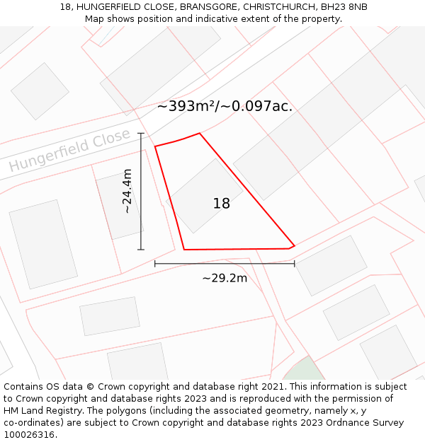 18, HUNGERFIELD CLOSE, BRANSGORE, CHRISTCHURCH, BH23 8NB: Plot and title map