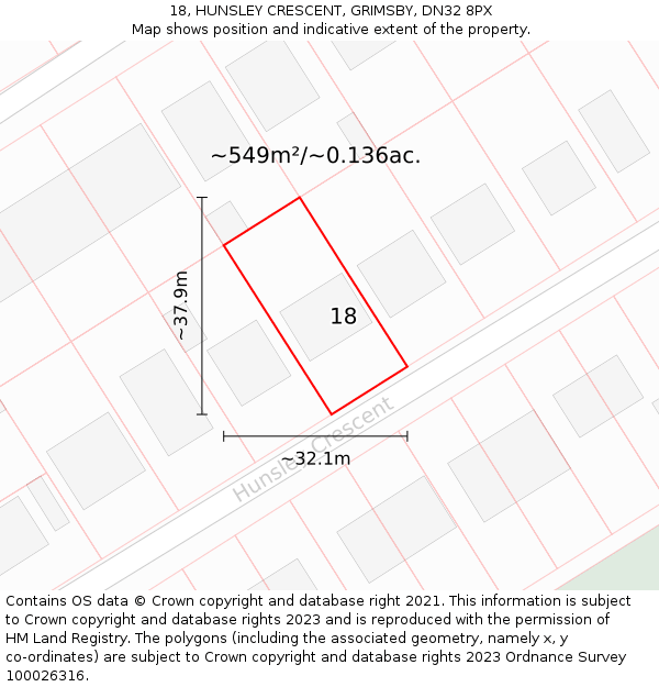 18, HUNSLEY CRESCENT, GRIMSBY, DN32 8PX: Plot and title map