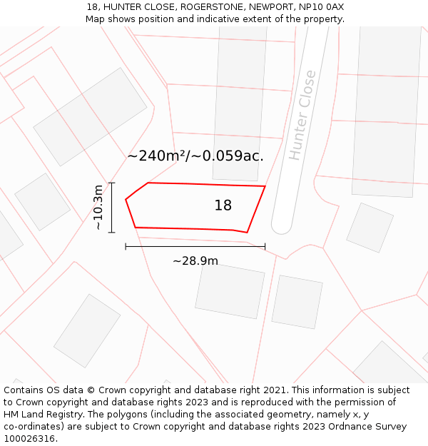 18, HUNTER CLOSE, ROGERSTONE, NEWPORT, NP10 0AX: Plot and title map