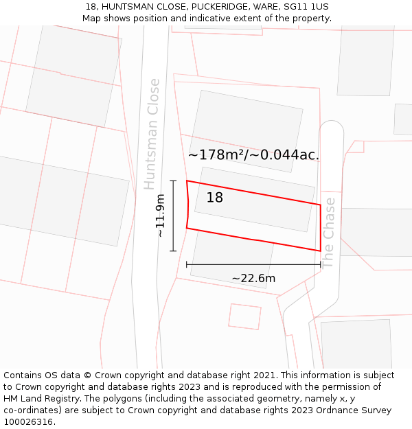 18, HUNTSMAN CLOSE, PUCKERIDGE, WARE, SG11 1US: Plot and title map