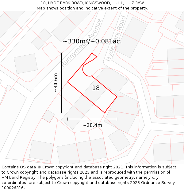 18, HYDE PARK ROAD, KINGSWOOD, HULL, HU7 3AW: Plot and title map