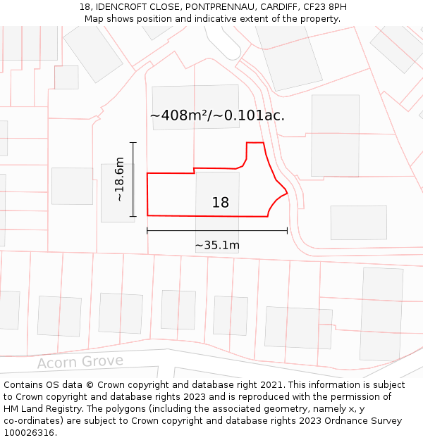 18, IDENCROFT CLOSE, PONTPRENNAU, CARDIFF, CF23 8PH: Plot and title map