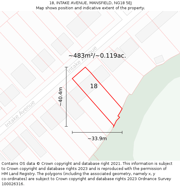 18, INTAKE AVENUE, MANSFIELD, NG18 5EJ: Plot and title map