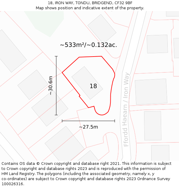 18, IRON WAY, TONDU, BRIDGEND, CF32 9BF: Plot and title map