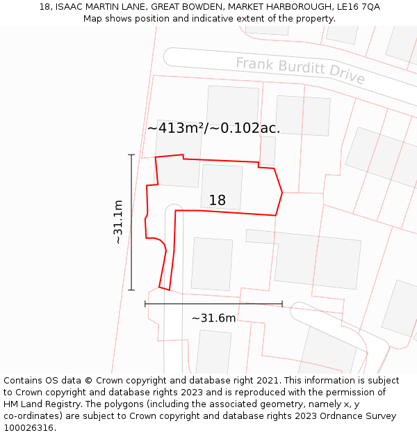 18, ISAAC MARTIN LANE, GREAT BOWDEN, MARKET HARBOROUGH, LE16 7QA: Plot and title map