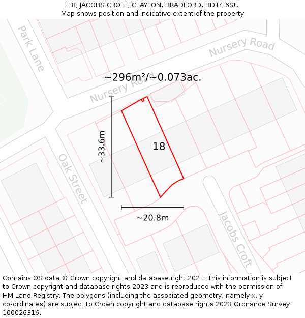 18, JACOBS CROFT, CLAYTON, BRADFORD, BD14 6SU: Plot and title map